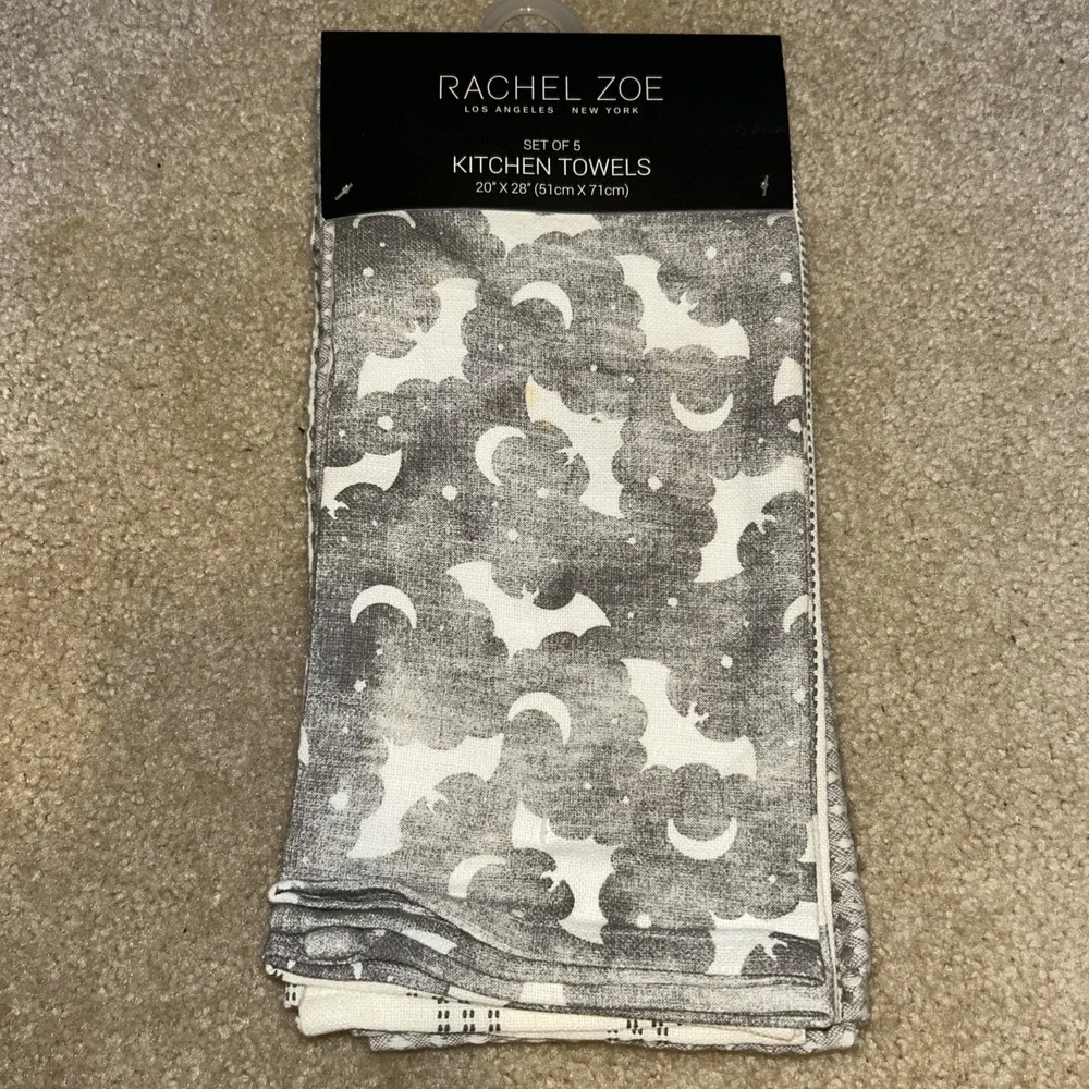 Rachel Zoe Halloween 🎃 Bats 5-pack Waffle Weave Kitchen Towels Stripes Checked